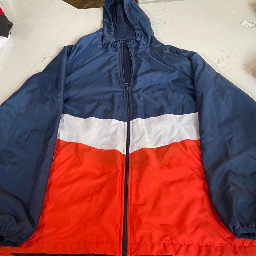 Russell Athletic Men's XL Windbreaker Jacket Blue orange White Hooded Full Zip - Picture 2 of 8